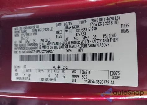 2015 Ford Escape Se z USA, uszkodzony, nr VIN 1FMCU0G71FUC75927